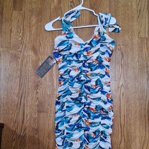 Bebe- Viibrant Ruched Dress with Tie Straps. Size M